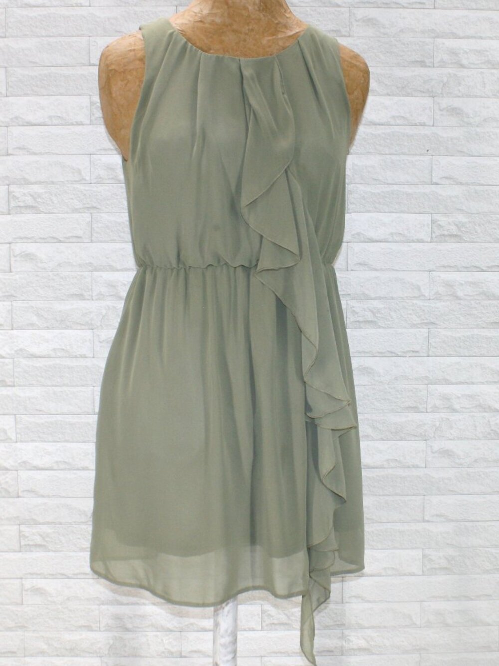 H&M Dress Chiffon Ruffle Sleeveless Pleated Summer Sheer Mini Sage Green 4